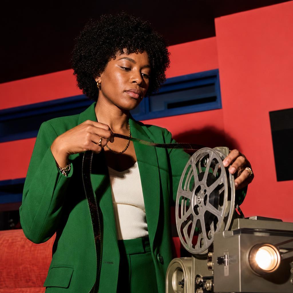 Fictional Black woman in a green suit threading a reel through a vintage film projector in a coral screening room.