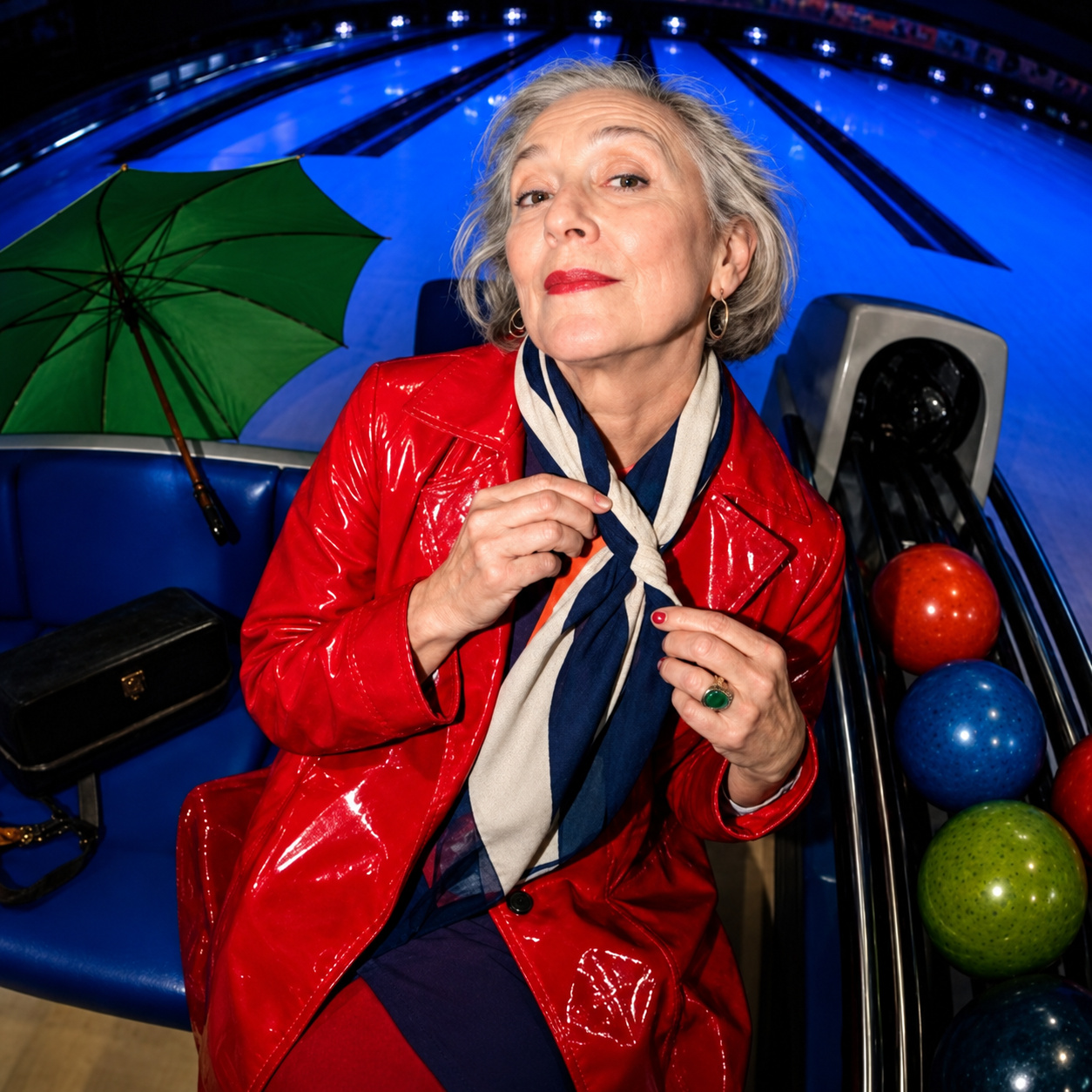 Fictional woman with silver hair in a red raincoat and striped scarf at a blue bowling alley.