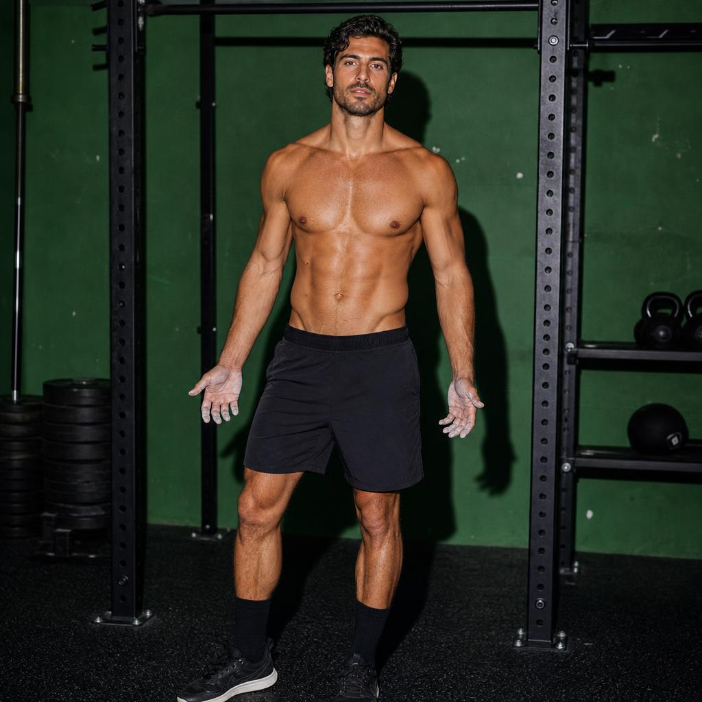 Man in black training shorts with chalked hands beside a gym squat rack.