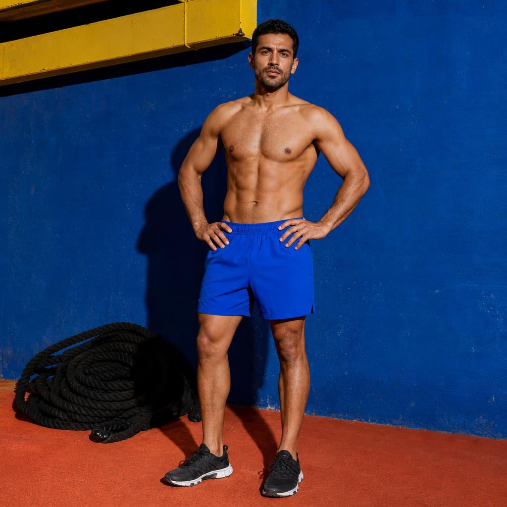 Man in blue training shorts standing beside battle ropes in a colorful gym.