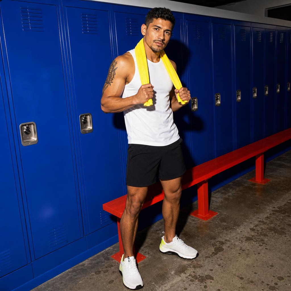 Man in a white training top and black shorts with a yellow towel beside blue gym lockers.