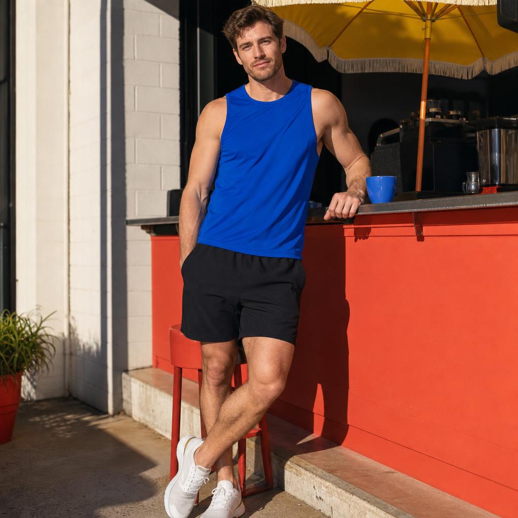 Fictional adult in blue athletic wear at a coral cafe beneath a yellow umbrella.