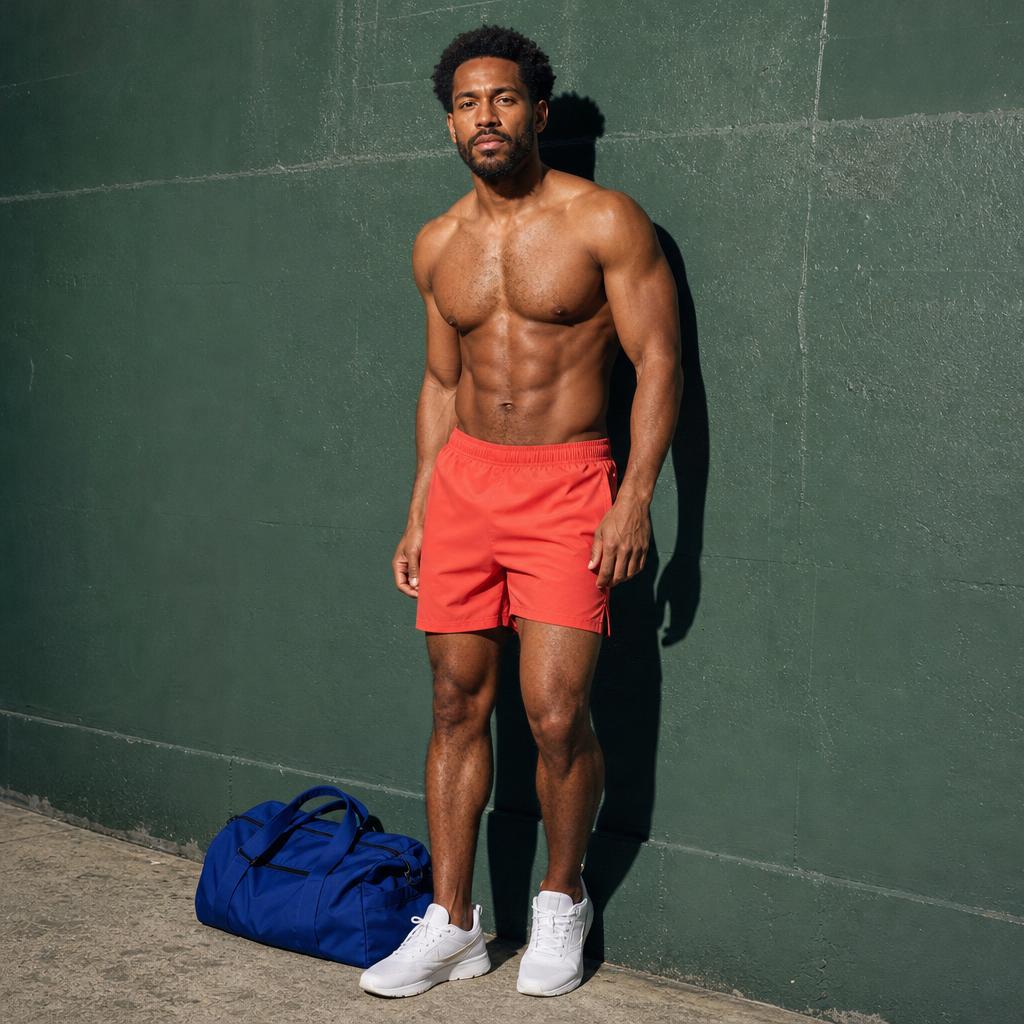 Man in coral training shorts standing against a dark green wall.