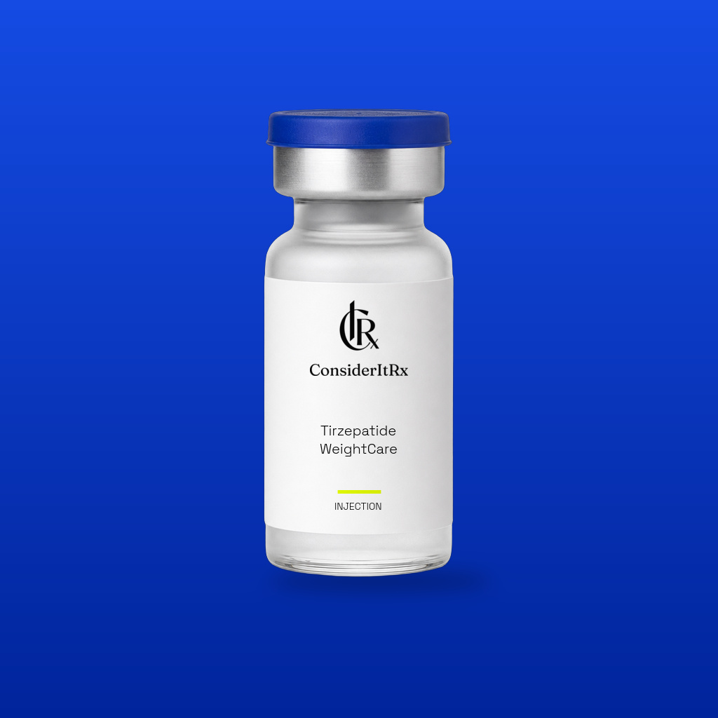 Tirzepatide WeightCare Injection by CIRx: studio program concept on a cobalt background. Illustrative CIRx-labelled packaging.