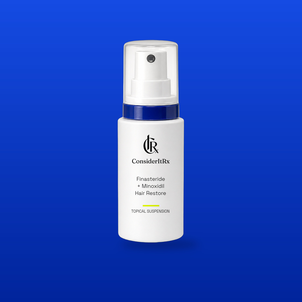 Finasteride + Minoxidil Hair Restore Topical Suspension by CIRx: studio program concept on a cobalt background. Illustrative CIRx-labelled packaging.