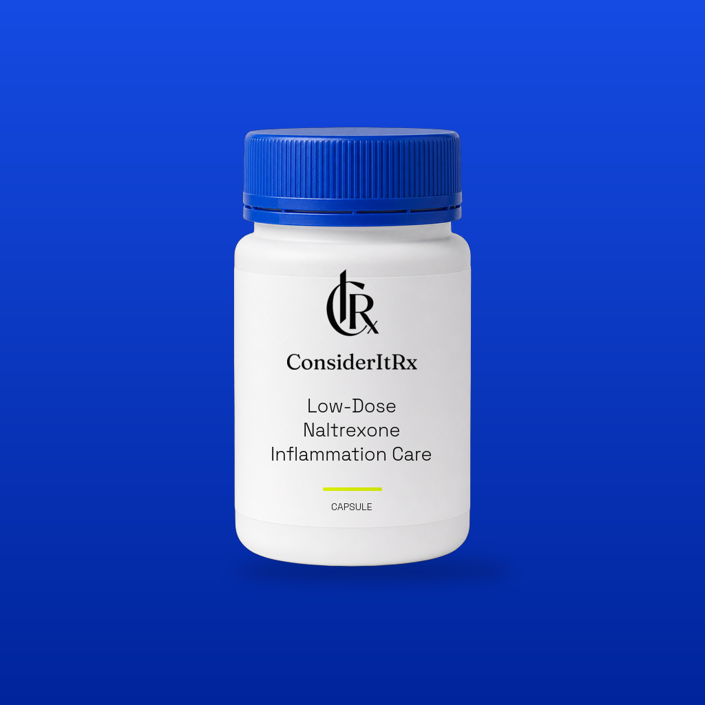 Low-Dose Naltrexone Inflammation Care Capsule by CIRx: studio program concept on a cobalt background. Illustrative CIRx-labelled packaging.